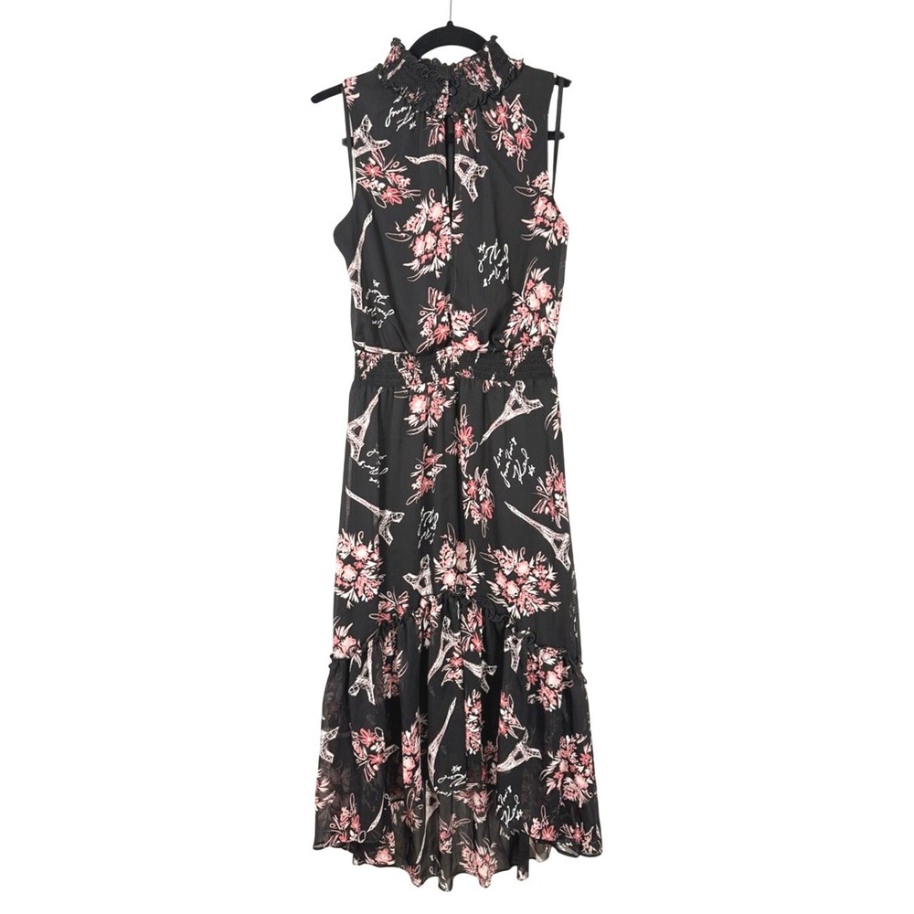 Karl Lagerfeld‎ Paris Black Floral Eiffel Tower Ruffle Neck Midi Dress Size 6
